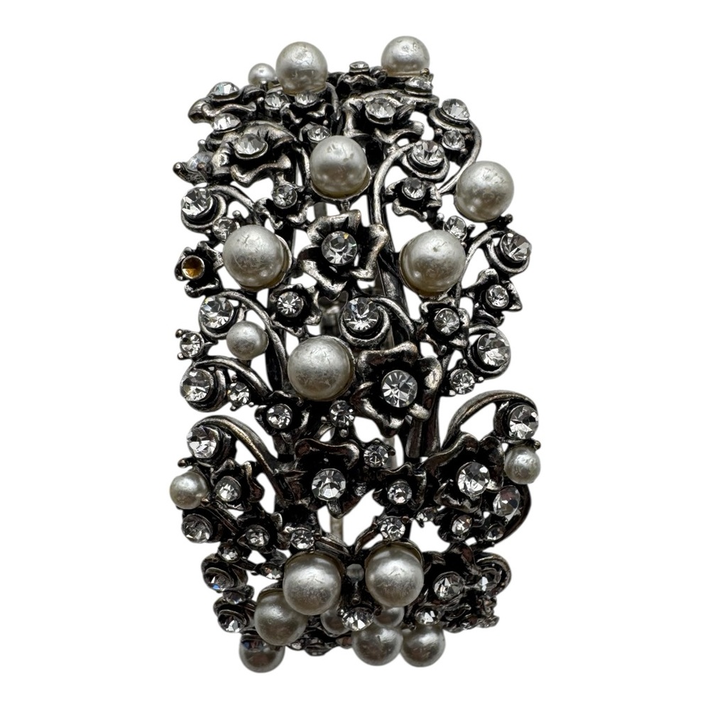 Vintage Silver Tone‎ Hinged Cuff Bracelet w/ Faux Pearls & Rhinestones
